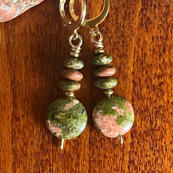Gemstone Earrings, Unakit, Green and Pink Natural Gemstone Dangle Earrings - Picture 1 of 5